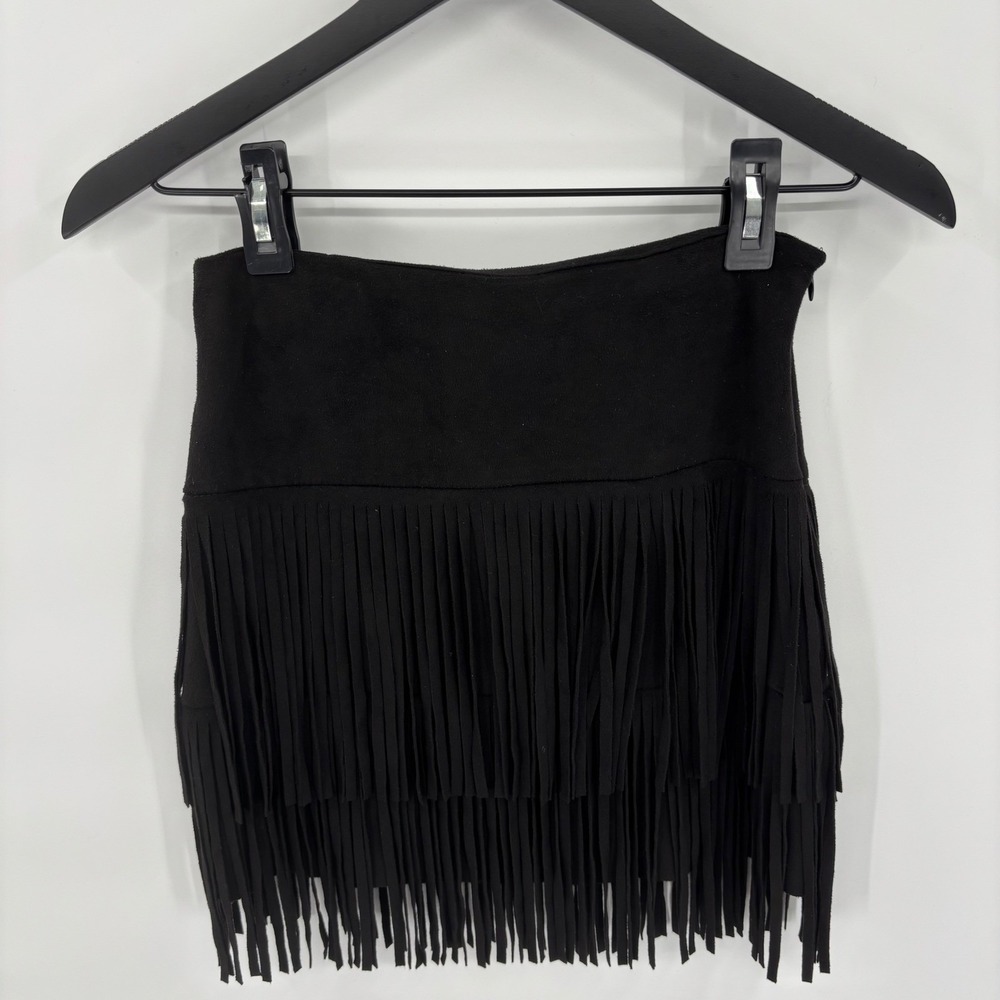 Fringe Faux Suede Mini Skirt Small Black Festival Coachella Western Gasparilla - Picture 3 of 10